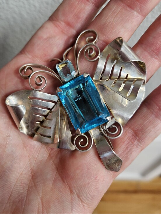 Jewelry - Art Nouveau Butterfly Blue Gemstone Sterling Silver Brooch Pin Fur Clip